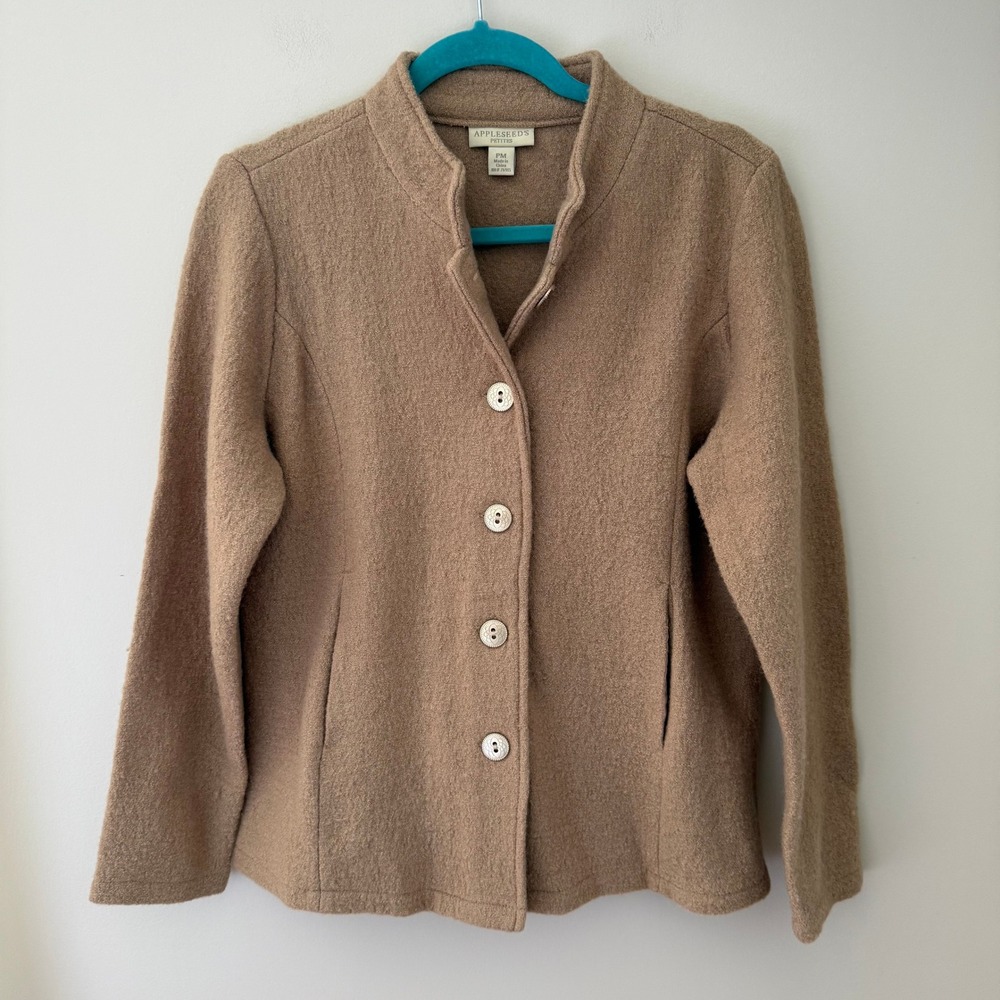 Appleseeds Petites Tan Camel 100% Boiled Wool Button Front Jacket PM A46728